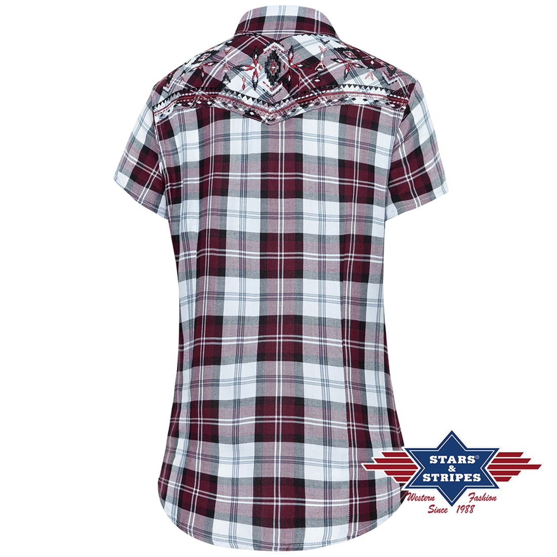 Westernbluse Damen kariert rot, Pasadena, Stars & Stripes, Rückenansicht