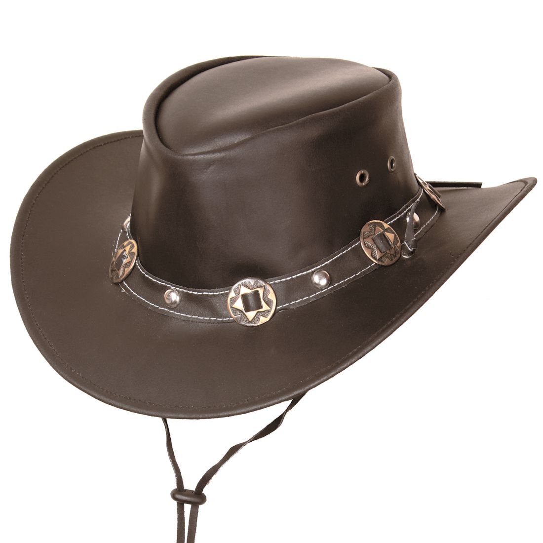 Reduziert - Formbarer Westernhut aus Leder mit Kinnriemen - Concho, Braun, Größe L (59 - 60 cm) 