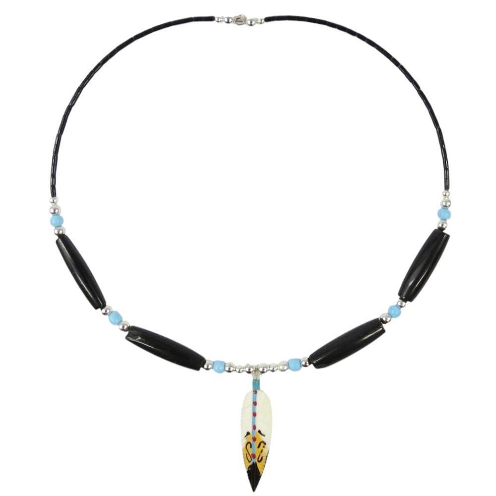 Indianerschmuck - Kette - Dark Buffalo Bone Choker, Feather - schwarz