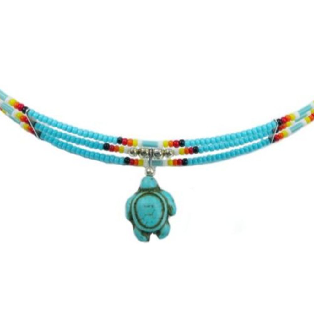 Glasperlen Indianerschmuck Kette - Türkis mit Schildkröte