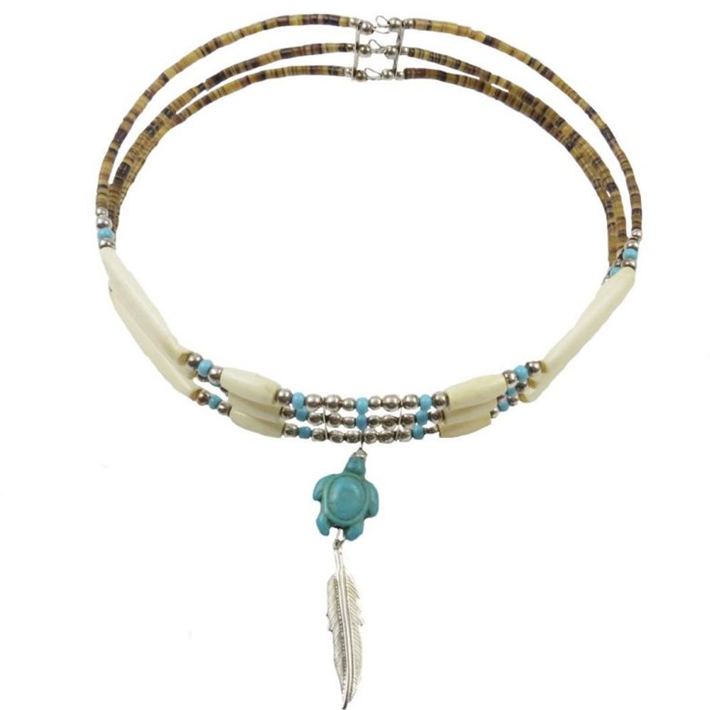 Indianerschmuck - Kette - Buffalo Bone Turquoise Turtle Choker, 3 Reihen, Weiß / Türkis