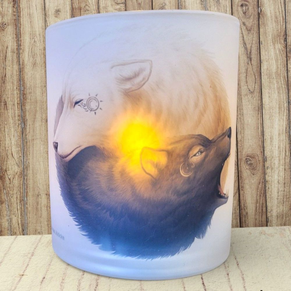  Teelichthalter aus Glas - Yin Yang Wolves