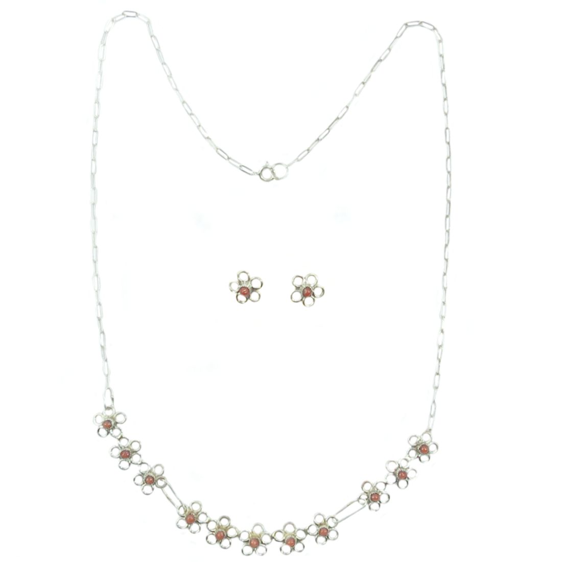 Indianerschmuck-Set: Kette und Ohrstecker aus Sterling Silber - Coral Flowers