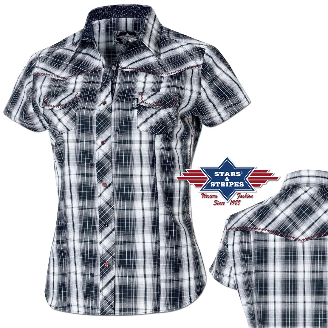 Reduziert - Kurzarm-Westernbluse von Stars & Stripes - Larissa, Größe M