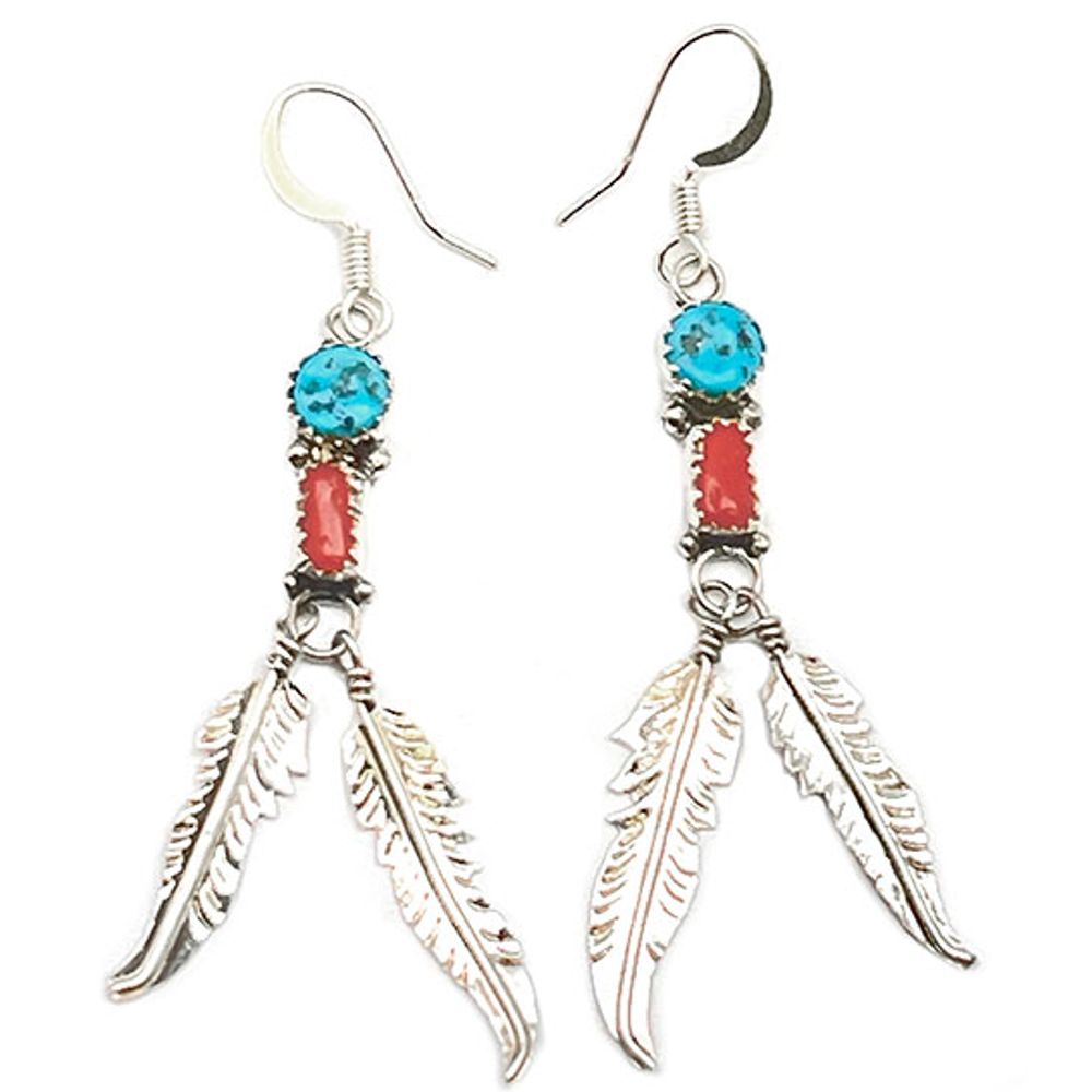 Ohrhänger aus Sterling Silber - Indian Feather - Türkis/Koralle, groß