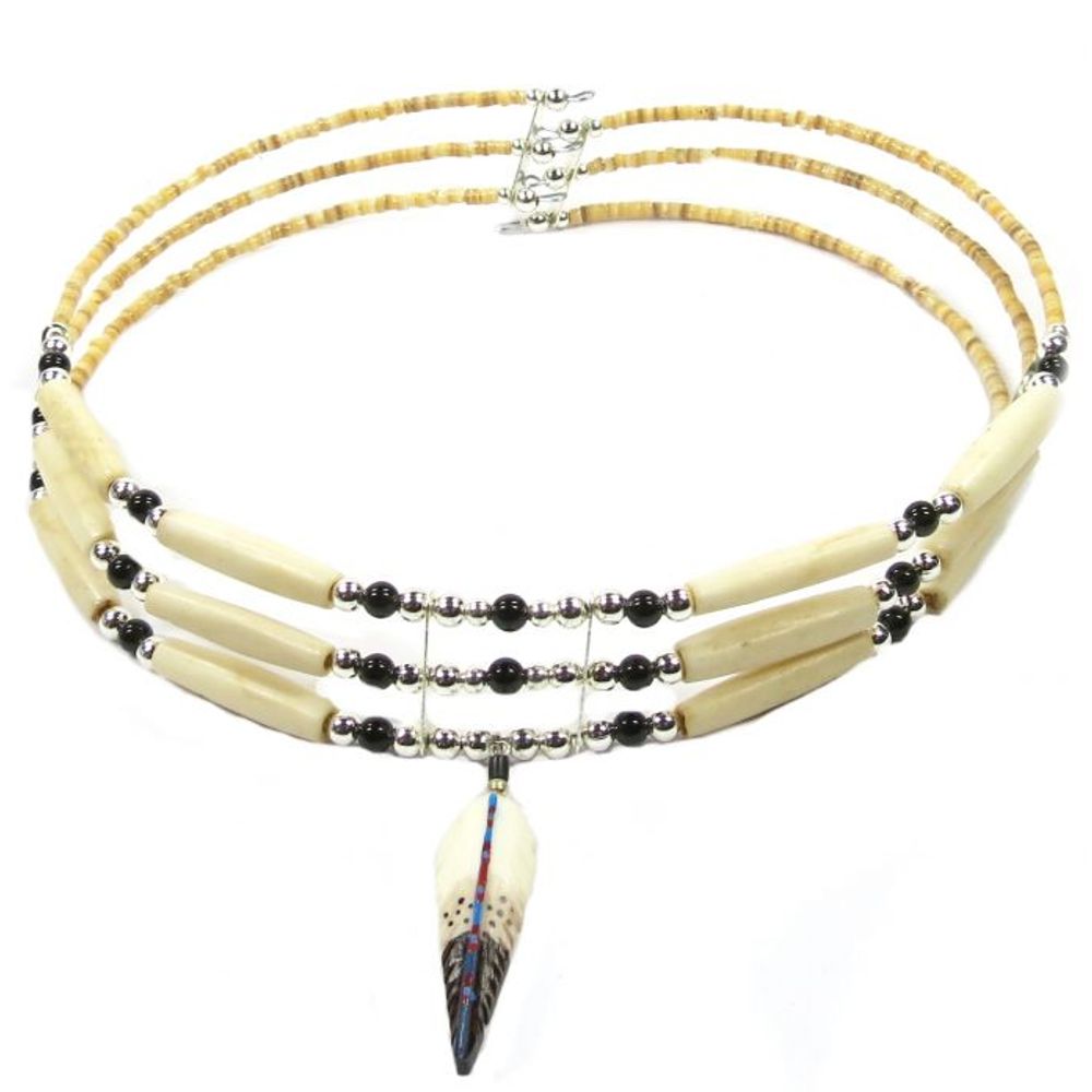 Indianerschmuck - Kette - Buffalo Bone Feather Choker, 3 Reihen, Weiß / Schwarz